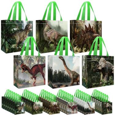 Imagem de 42 peças de lembrancinhas de festa de dinossauro, saco de presente de dinossauro não tecido, reutilizável verde Dino Goodie Bag com alças para meninos meninas aniversário chá de bebê suprimentos de