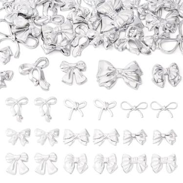 Imagem de KISSITTY 45 peças de pingentes de gravata borboleta de resina prata 3D contas planas kawaii, lindos cabochão em forma de laço, enfeites a granel para capas de telefone, scrapbook, clipes de cabelo