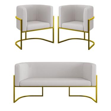 Imagem de Kit 2 Poltronas + Sofá 2 Lugares Base De Metal Gold Veludo Bege