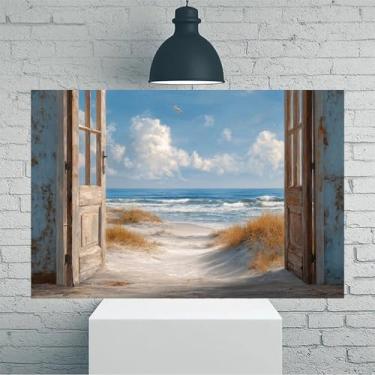Imagem de Arte de parede em tela rústica vintage vista do oceano através de porta aberta - Pôster sem moldura de 30,5 x 45,7 cm - Decoração de casa e escritório para sala de estar, quarto, cozinha e café
