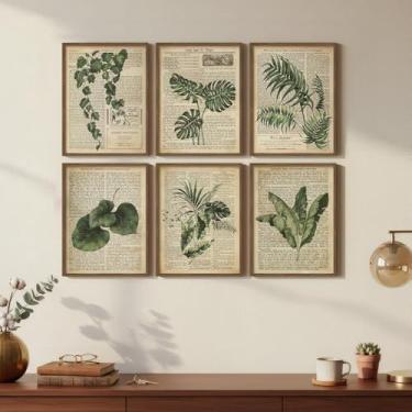 Imagem de Arte de parede botânica vintage emoldurada, conjunto de 6 impressões de pintura em tela de folha verde e samambaia, arte rústica de planta de fazenda para sala de estar, quarto, cozinha, sala de