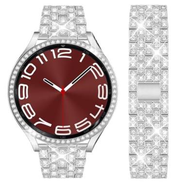 Imagem de DEALELE Pulseira compatível com Samsung Galaxy Watch 6 de 40 mm / 44 mm / 6 Classic de 43 mm / 47 mm, pulseira de metal com strass fino com glitter de 20 mm com capa protetora para, 44mm