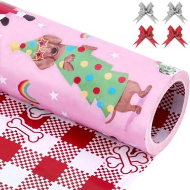 Imagem de EWES Conjunto de papel de embrulho de Natal rosa, rolos engraçados, Papai Noel, para crianças, lindos desenhos animados, gnomo grosso, folhas de embrulho para presente, exclusivo, reversível
