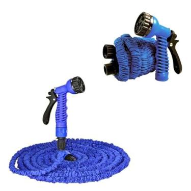Imagem de Mangueira Expansível Mágica, 30 Metros, Azul, Poliéster e Látex, com Gatilho 7 Jatos, Compacta e Flexível para Jardim e Limpeza