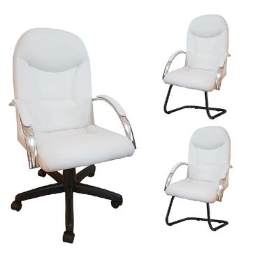Imagem de Kit 3 Cadeiras Escritório Day Brancas 1 Giratória E 2 Fixas