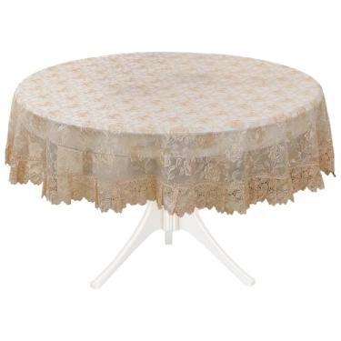 Imagem de Toalha de mesa redonda bordada bege 150 cm (150 cm), renda transparente com borda dourada, design floral vintage, para mesas de chá, casamentos e decoração de casa