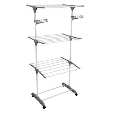 Imagem de Varal de Chão Grande com 3 Andares, Prateleiras Dobráveis e Rodinhas suporte até 35kg