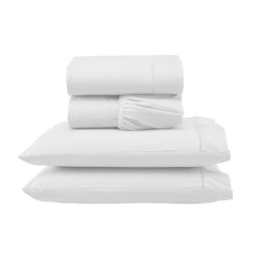 Imagem de Jogo de Lençol com e sem Elástico e 02 Fronhas - 4 Peças para Cama Casal King, Micropercal 300 Fios, 100% Poliéster, Bordado Ponto Palito (Versátil Completo/Branco, Jogo Lençol Casal King 4 Pçs)