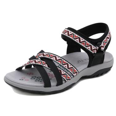 Imagem de Meik Mangni Sandália feminina esportiva de caminhada com suporte de arco confortável para uso ao ar livre com gancho ajustável e alça de laço sapatos de praia de verão estilo étnico, Preto, 38