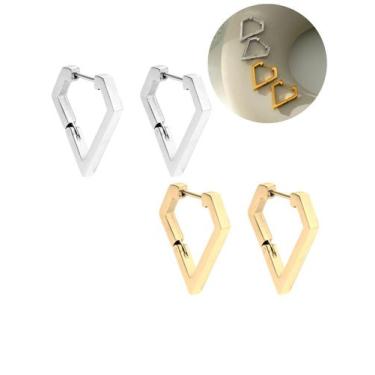 Imagem de Brinco Argola Unissex Diamante Triângulo Prata Dourado Aço - Visujoias