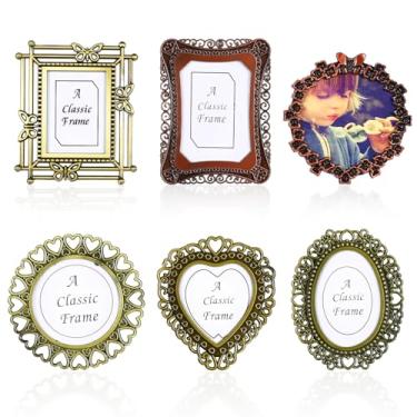 Imagem de Heclia 6 porta-retratos vintage de metal, porta-retratos vintage, tamanho carteira, porta-retratos antigos, faça você mesmo, em formato oval de coração, retangular, para estante, mesa e parede