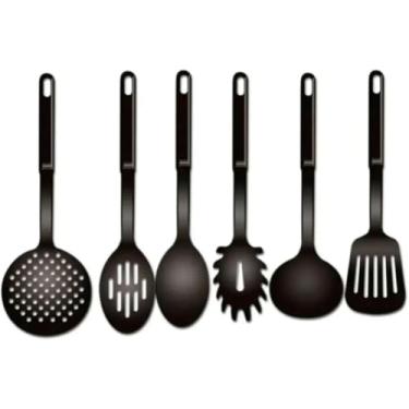 Imagem de Kit de Utensílios de Cozinha, 6 Peças, Plástico Resistente, Concha, Escumadeira, Espátula, Colheres para Arroz, Macarrão e Vazada, Preto