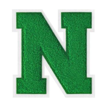 Imagem de 1 peça de patch de letra de chenille verde de 11,4 cm com borda branca – adesivos do alfabeto para roupas, jaquetas, mochilas, chapéus para decoração personalizada, nome personalizado e artesanato. (N