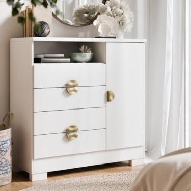 Imagem de Cômoda 4 Gavetas E 1 Porta Com Nicho - Puxador Dourado Multiuso Para Quarto Ou Sala(Branco)