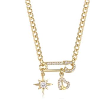 Imagem de TANTIUE Colar com pingente de clipe de papel para mulheres banhado a ouro 14K com clipe de papel de zircônia cúbica sol/cruz/concha/tartaruga/coração/pingente de estrela com corrente cubana joias