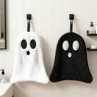 Imagem de Pacote com 2 toalhas fantasma de Halloween macias absorventes toalhas de dedo coral fofo enfeite de pendurar no banheiro para secar, limpar, cozinhar decorações de Halloween
