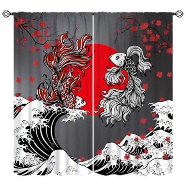 Imagem de Cortina Koi japonesa, preto e branco peixe Ásia estética flores de cerejeira tratamentos de janela, cortinas com isolamento térmico para varão, conjunto de 2 painéis para quarto, sala de estar, 106,7