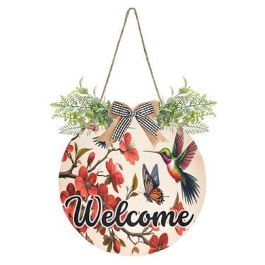 Imagem de SEHANY Placa de boas-vindas colorida, beija-flor, decoração de porta da frente, guirlanda de boas-vindas redonda para decoração de casa de fazenda, varanda, pátio, 30 x 30 cm