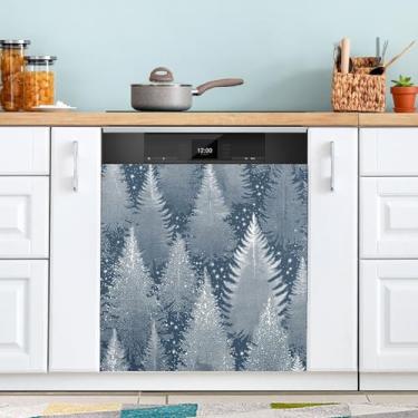 Imagem de ATTX Capa de ímã de lava-louças de árvores de abeto prata brilhante, 58 cm C x 66 cm A decoração da capa frontal da máquina de lavar louça, decalques de armário doméstico adesivos de eletrodomésticos