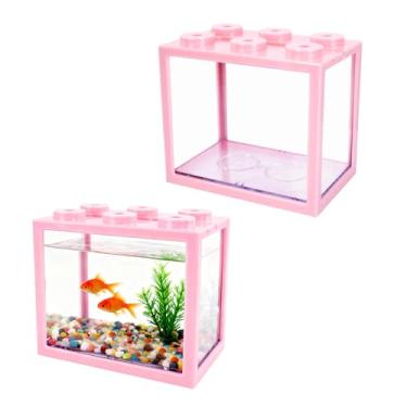 Imagem de JIABEIUS 2 peças de aquário pequeno Betta, mini aquário de 1 litro, aquário de cubo rosa, tanque empilhável de mesa para peixes pequenos, insetos, camarões, tartarugas, aranhas