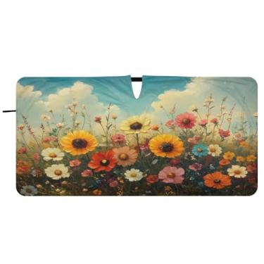 Imagem de Blueangle Pára-brisas com pintura a óleo de flores silvestres - 149.9 cm x 76.2 cm dobrável carro janela frontal blocos para-sol raios UV viseira de sol (530)