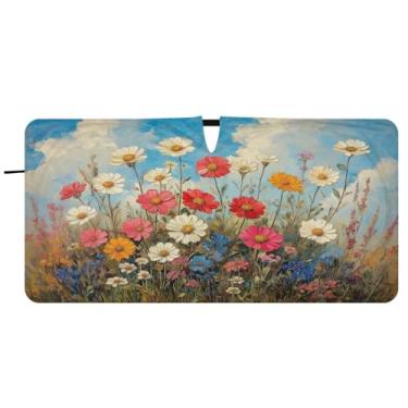 Imagem de Blueangle Pára-brisas com pintura a óleo flores silvestres - 149.9 cm x 76.2 cm dobrável carro janela frontal blocos para-sol raios UV viseira de sol (542)