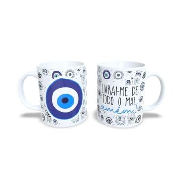 Imagem de Caneca de Cerâmica com Olho Grego, Branco e Azul, 325 ml (10560)