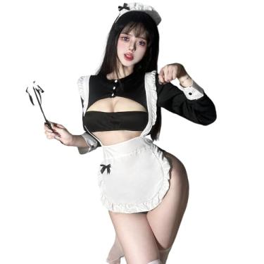 Imagem de Temptshow Women's cosplay maid lingerie hollowed out Halloween sexy French maid uniform (black white2)