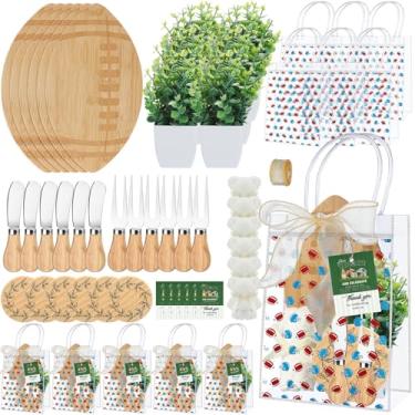Imagem de Honeydak 49 peças de prêmios de chá de bebê de futebol para jogadores de jogos, 6 conjuntos de tábua de queijos em forma de futebol, garfo, facas, porta-copos, toalha, vaso de plantas, cartão de