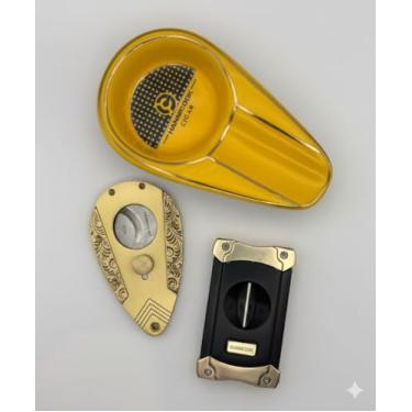 Imagem de Kit Charuto Luxo Hannicook – V-Cut Ornamental, Guilhotina Premium e Cinzeiro Amarelo