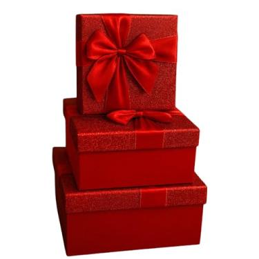 Imagem de Caixas de Presente com Glitter e Laço de Cetim – Kit de 3 P M G Decorativas, Ideal para Natal e Festividades(Vermelho)