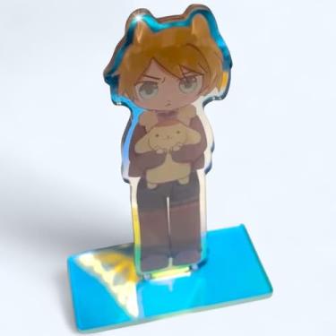 Imagem de Leon and PomPom Anime Character Acrylic Stand Figure with Plush Dog Design, Blue Base Display Stand, Chibi Style Collectible Desk Decoration