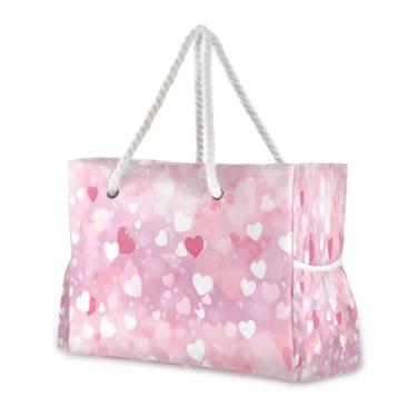 Imagem de Wassud Bolsa de praia com efeito bokeh fofo coração grande, bolsa de praia para mulheres, impermeável, à prova de areia, bolsa de viagem com zíper e bolso para piscina, academia, acampamento