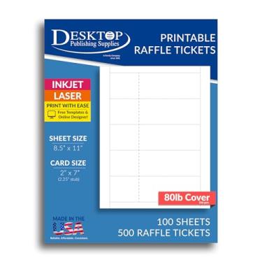 Imagem de Folhas de bilhetes de sorteio em branco com tocos removíveis – 500 ingressos para impressão (100 folhas) – Cartolina fosca branca de 36 kg – 5 x 17,8 cm bilhetes para eventos, desenhos, cupons