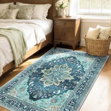 Imagem de RELEANY Tapetes de área adequados a vácuo, 1,2 m x 1,8 m, lavável na máquina, antiderrapante, estampa floral, vintage, estampa de angústia, tapete medalhão para sala de estar, quarto, tijolo, verde