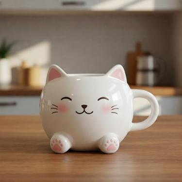 Imagem de WHISKERLY Xícara de café de cerâmica para gatos de 473 ml – design de animal fofo, utensílios grandes feitos à mão para café e chá – laranja, branco, preto e cinza (branco)