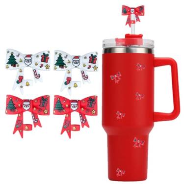 Imagem de HIUSITY Cobertura de palha de laço de Natal para copo Stanley, topo de palha vermelho de silicone para copo com alça 1,134 g, tampa fofa de 10 mm/0,4 pol, tampas reutilizáveis para acessórios Stanley