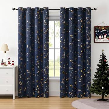 Imagem de ZHOCHI Cortinas de janela blackout azul marinho com painéis metálicos estelares redutores de ruído 213 cm de comprimento superior com ilhós para crianças, tratamento de janela com isolamento térmico