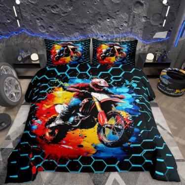 Imagem de Feelyou Jogo de cama infantil de corrida de motocross, para meninos e meninas, com estampa de favo de mel, ultramacio, para esportes radicais, decoração de quarto moderno e legal