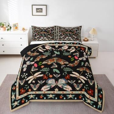 Imagem de Feelyou Conjunto de cama de inseto, macio, para meninos e meninas, borboletas, libélulas, tamanho solteiro, edredom de borboleta, flores, microfibra, decoração de quarto, estampa floral, 2 peças com 1