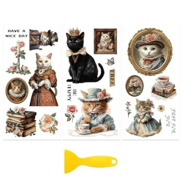 Imagem de Peacoblue Adesivo decalque de transferência para decoração de móveis artesanais 15 x 30 cm Vintage Cat Girl, 3 peças à prova d'água UV DTF transferência para gaveta cômoda vidro porcelana madeira