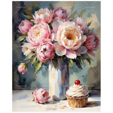 Imagem de Kit de pintura de peônias rosa por números para adultos - Buquê de flores DIY com pintura de cupcake em tela, conjunto de tinta acrílica, adequado para iniciantes, arte para decoração de casa ou