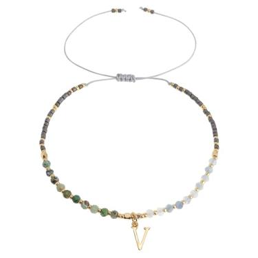Imagem de Frigotine Pulseiras com inicial de pedra natural com contas douradas para mulheres e adolescentes, boêmio feito à mão cinza preto personalizado contas de pedra turquesa nome da letra pulseira