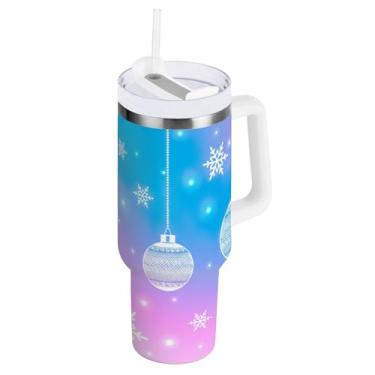 Imagem de Copos isolados de aço inoxidável 1,134 g com alça e tampa de palha, design de flocos de neve de Natal copo de viagem isolado