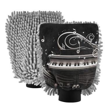 Imagem de ODAWA Luvas de lavagem de carro de chenille preto com notas musicais de piano, pacote com 2, luvas de lavagem de carro para canhão de espuma 18 x 26 cm