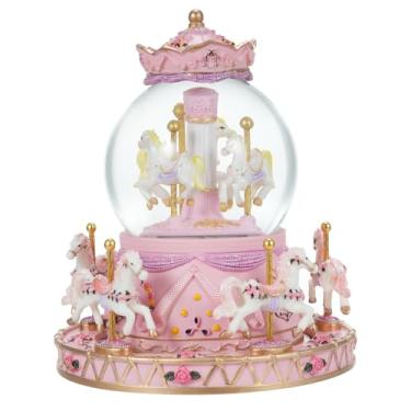 Imagem de Caixa de Música Carrossel Giratório Cristal Iluminado Globo Neve com Corda Musical Melodias Encantadoras Cavalinhos Boni