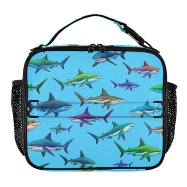 Imagem de Lancheira de tubarões em aquarela azul para mulheres, meninas, lancheira com alça de ombro masculina e infantil, lancheira para trabalho, escola, estampa animal, bolsa térmica