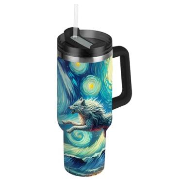 Imagem de Joisal Copo de 1,134 g com alça copos de aço inoxidável com tampas e canudos impressos garrafas de água carros isolados caneca de café bebida quente céu estrelado lobo redemoinho