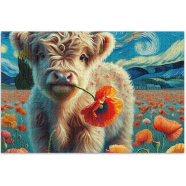 Imagem de Quebra-cabeça Highland Cow Bezerro Poppy Noite Estrelada Adulto 500 Peças Arte Brinquedo Pintura Quebra-cabeça Cena de Outono Amigos Família Jogo Presentes, 50 x 35 centímetros