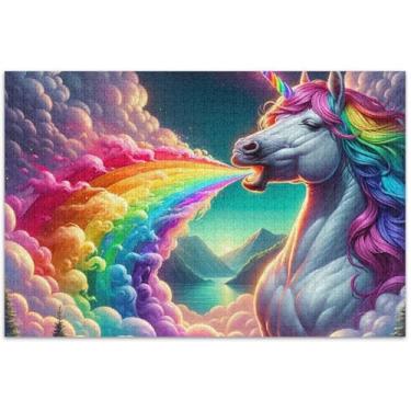 Imagem de Quebra-cabeça fantasia cavalo arco-íris adultos 1000 peças presentes de festa elefante branco quebra-cabeças exclusivos para adultos jogo de brinquedo arte